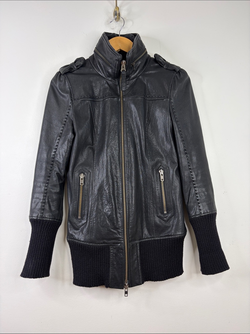Mackage Leather Jacket Womens Small Black Lamb Leather Sweater Cuffs Bomber Hood